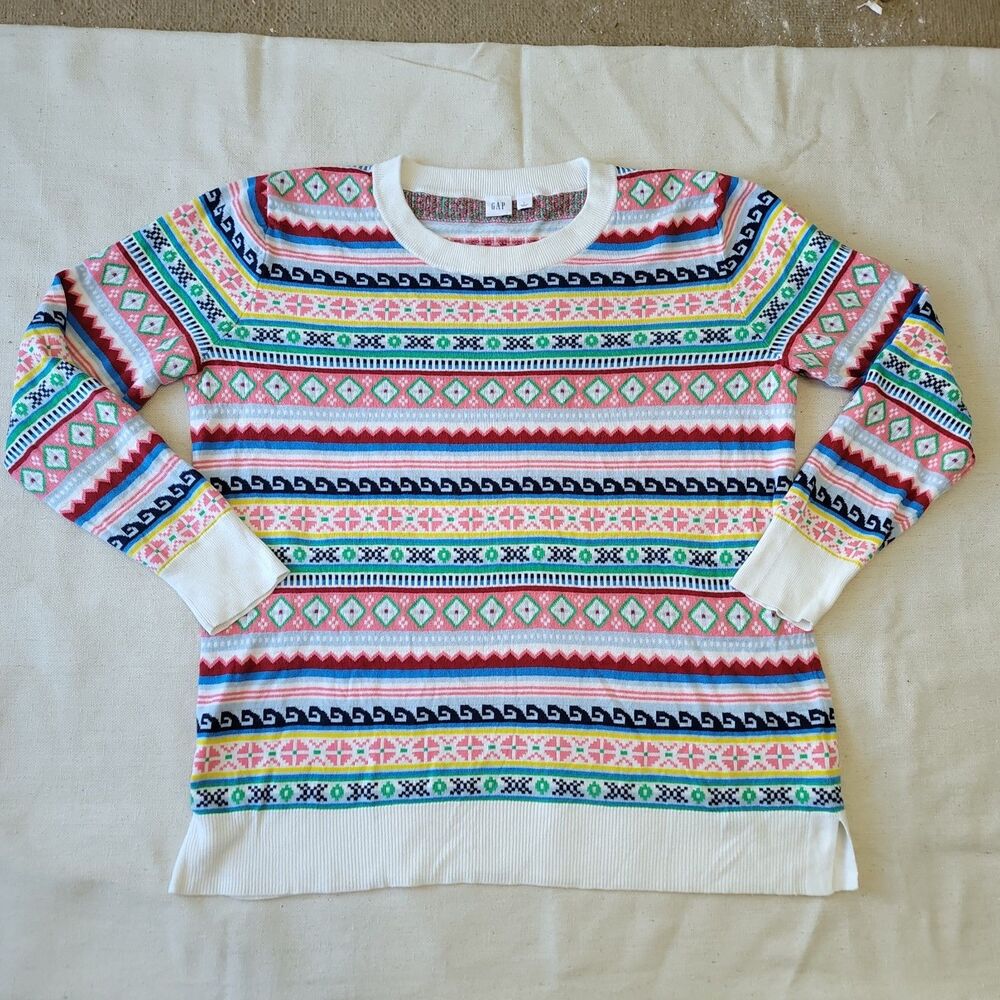 Gap Womens L Multi Fair Isle Sweater Striped Crewneck Pullover Holiday 2020